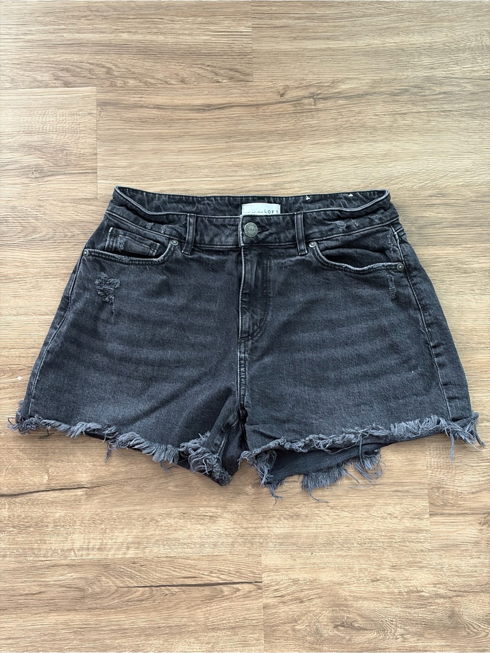 LOFT Washed Black Mid-Rise Raw Hem Denim Shorts Size 2